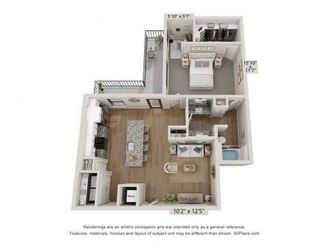 Floor plan for 1 bed, 1 bath, 950 sqft